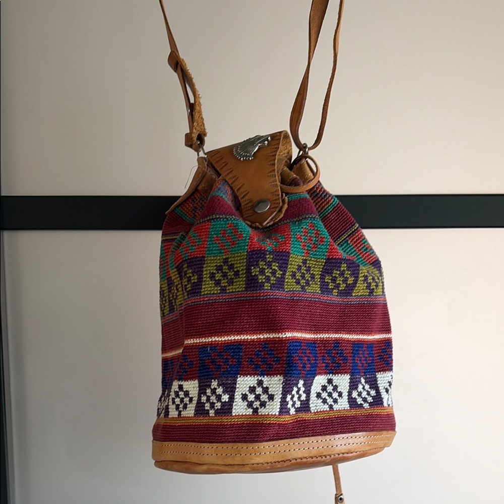 Boho Multicolor Woven Drawstring Bucket Bag with Tan Leather Trim